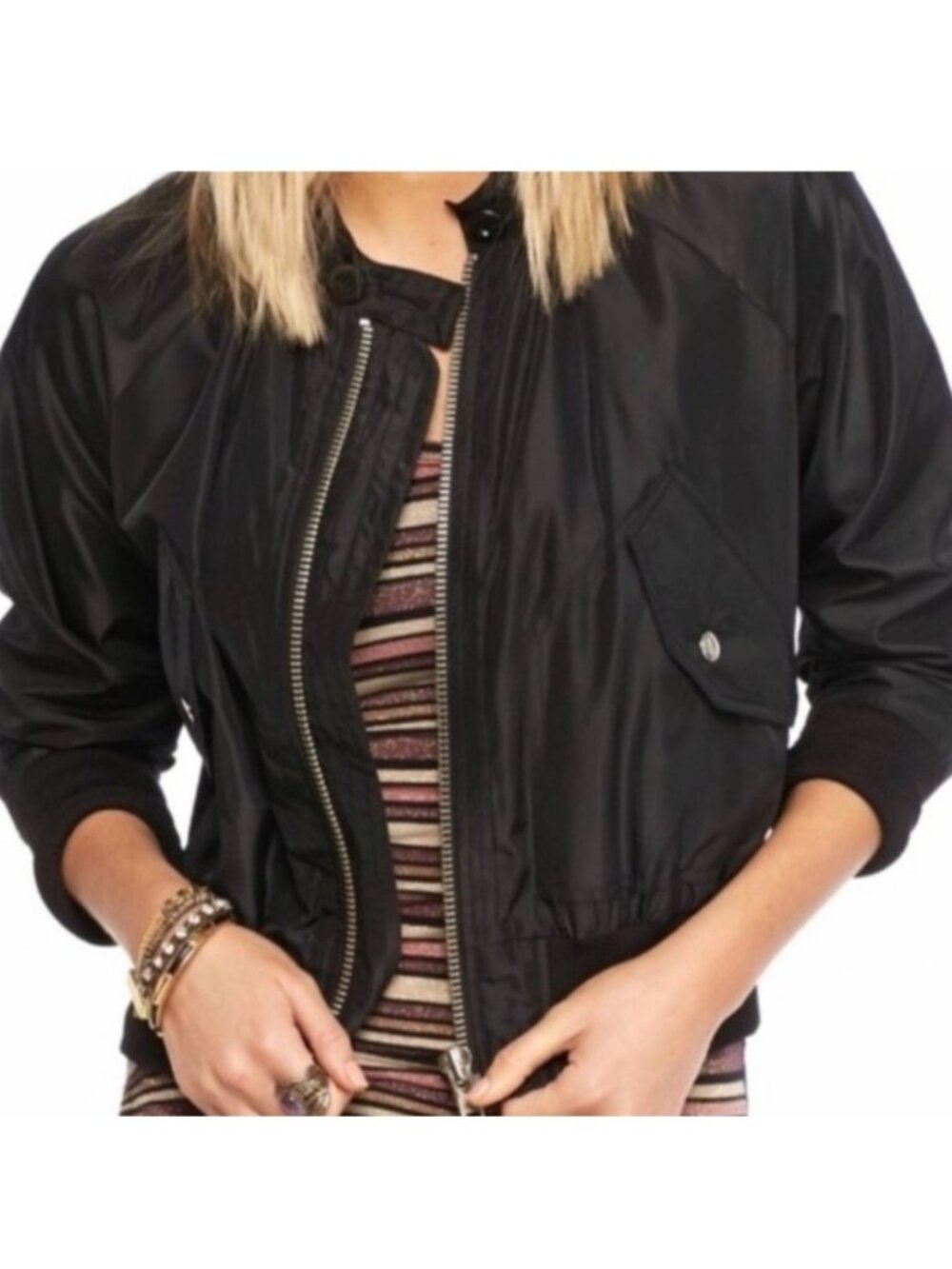 Free People Midnight Cropped Bomber Jacket Small Black Satin Pocket Ribbed Trim